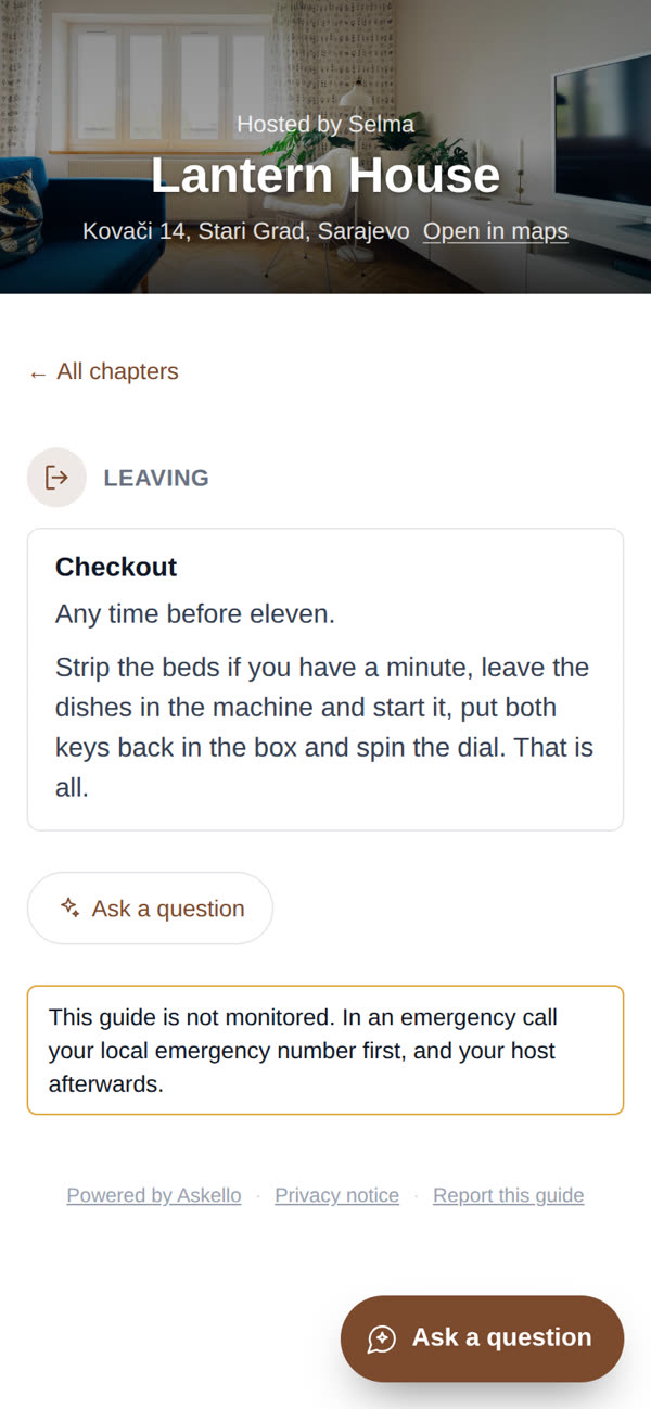 The checkout chapter of Askello's sample guide, on a guest's phone.