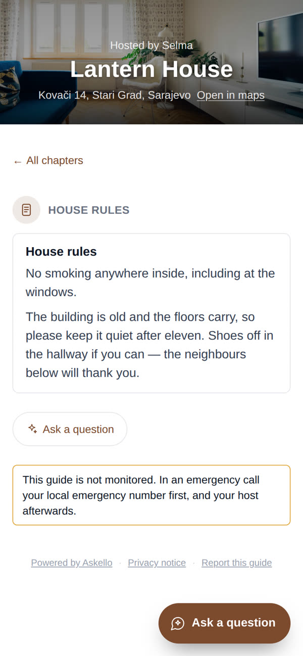 The house rules chapter of Askello's sample guide, on a guest's phone.