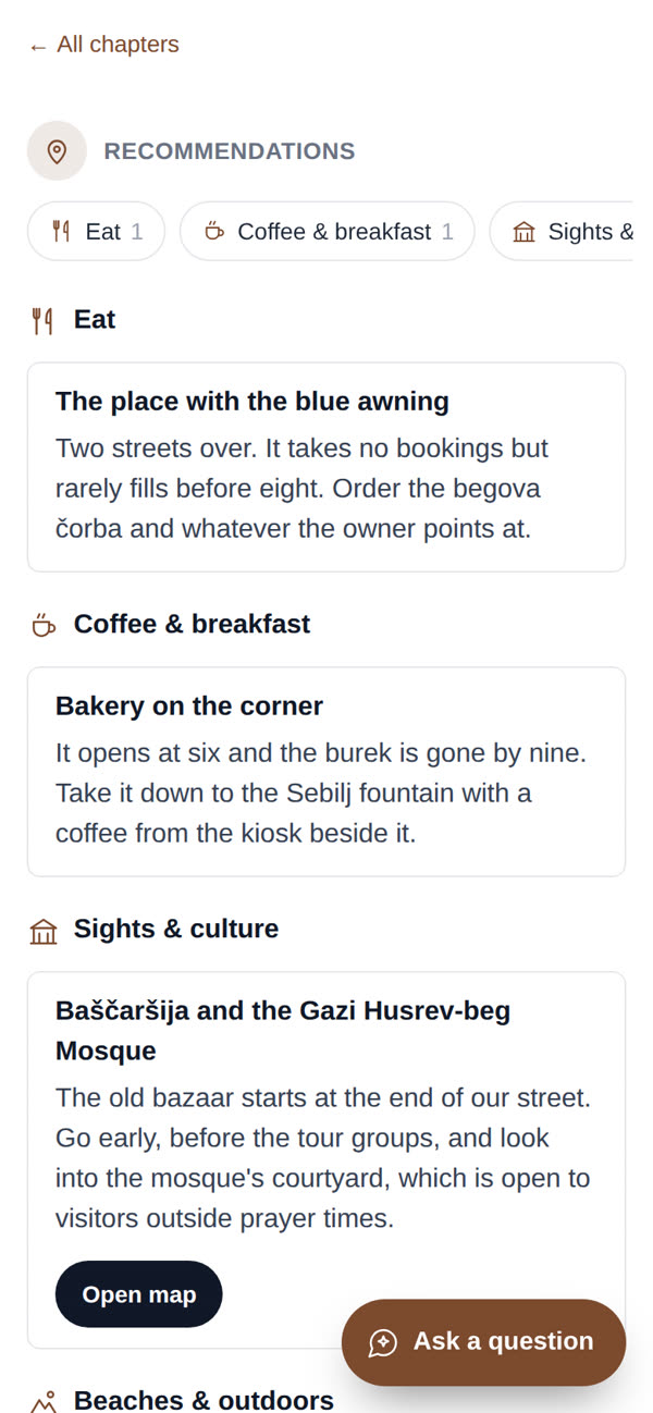 The host's recommendations in Askello's sample guide, grouped by kind.