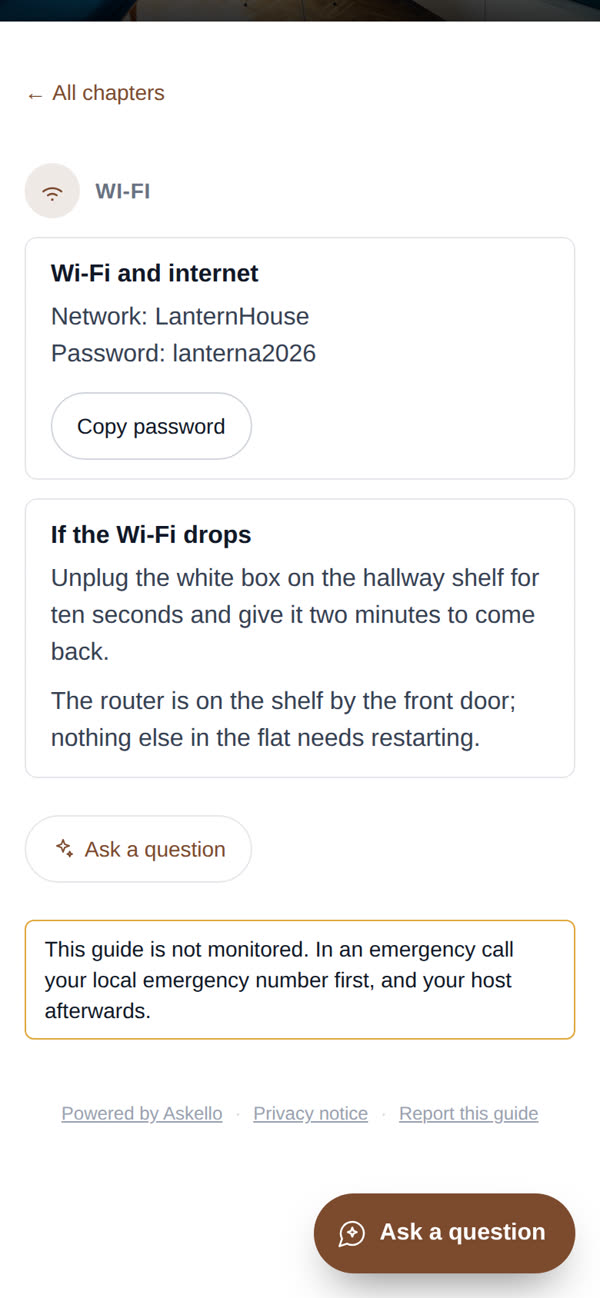 The Wi-Fi chapter of Askello's sample guide, with the copy-password button.