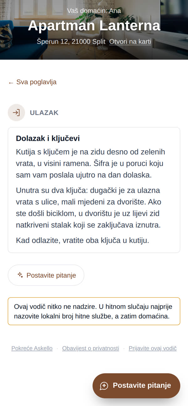 Poglavlje o dolasku u Askellovu oglednom vodiču, na gostovu telefonu.