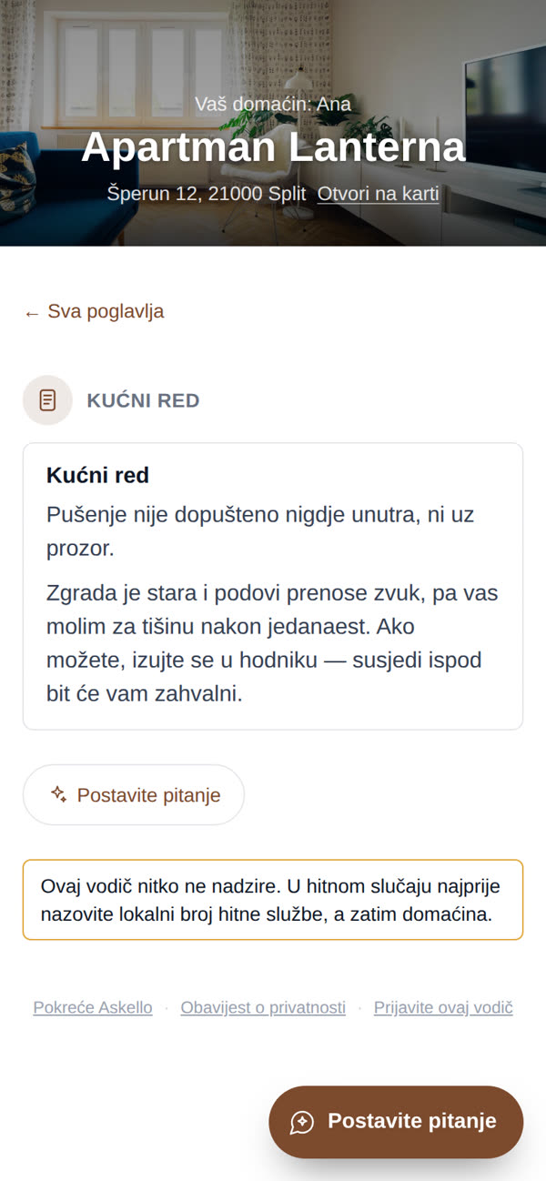 Poglavlje s kućnim redom u Askellovu oglednom vodiču, na gostovu telefonu.