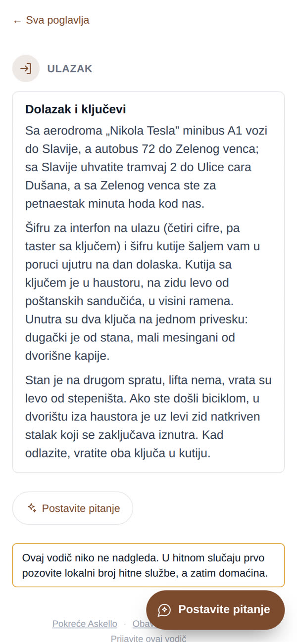 Poglavlje o dolasku u Askellovom primeru vodiča, na gostovom telefonu.