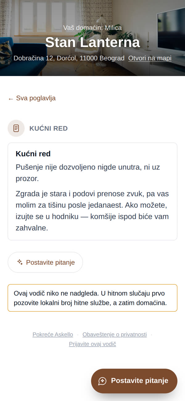 Poglavlje sa kućnim redom u Askellovom primeru vodiča, na gostovom telefonu.