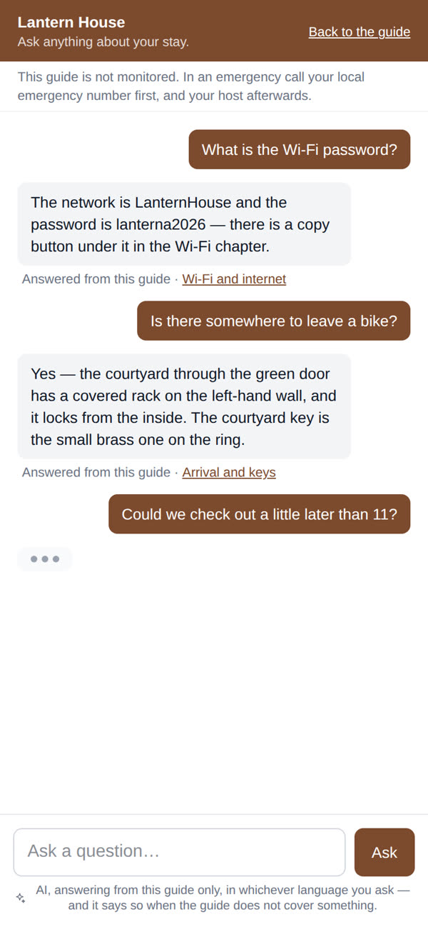 The ask box of the sample guide open on an answer, with the chapter the answer came from named beneath it