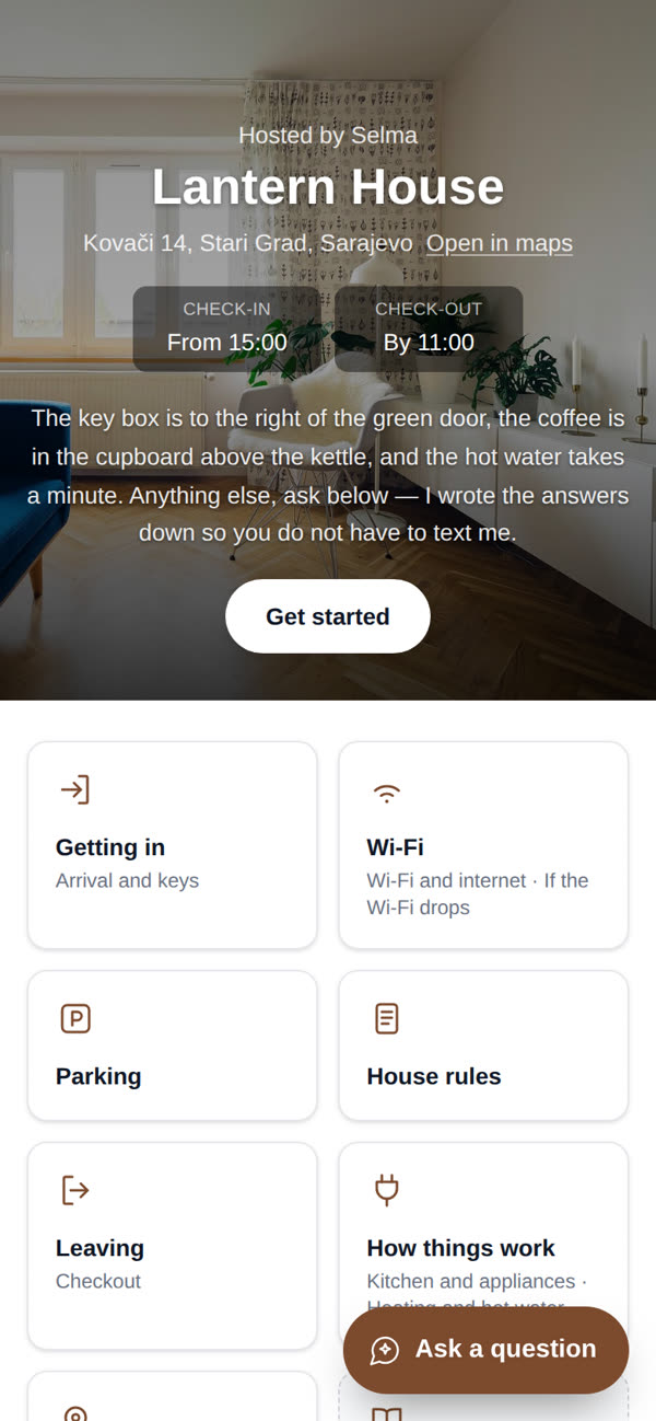 The front page of the sample guide: the cover photograph, the host's welcome, the check-in and check-out times, and the chapter tiles