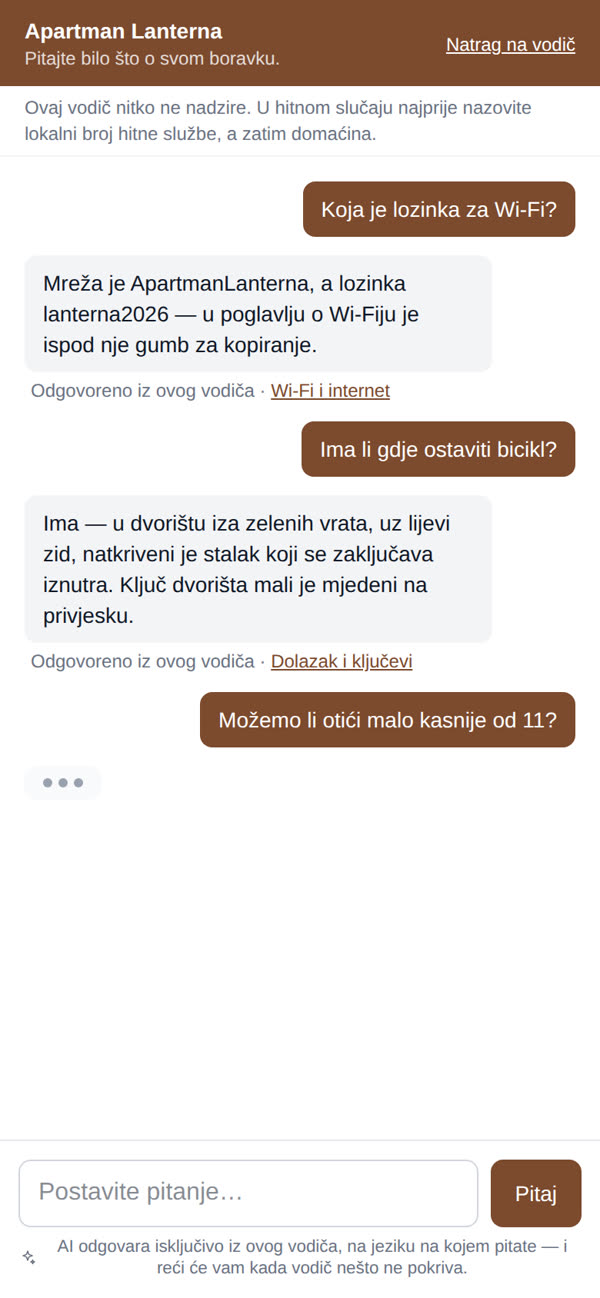 Okvir za pitanja oglednog vodiča otvoren na odgovoru, s poglavljem iz kojeg je odgovor došao navedenim ispod