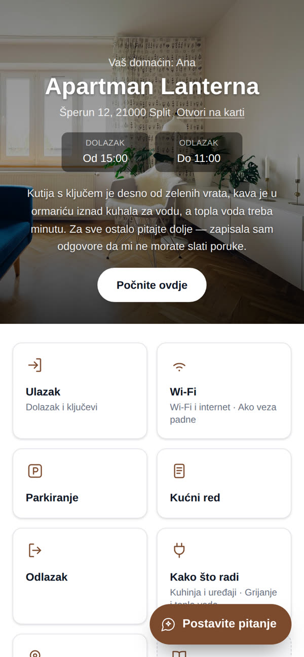 Naslovna stranica oglednog vodiča: fotografija, domaćinova dobrodošlica, vrijeme dolaska i odlaska te pločice s poglavljima