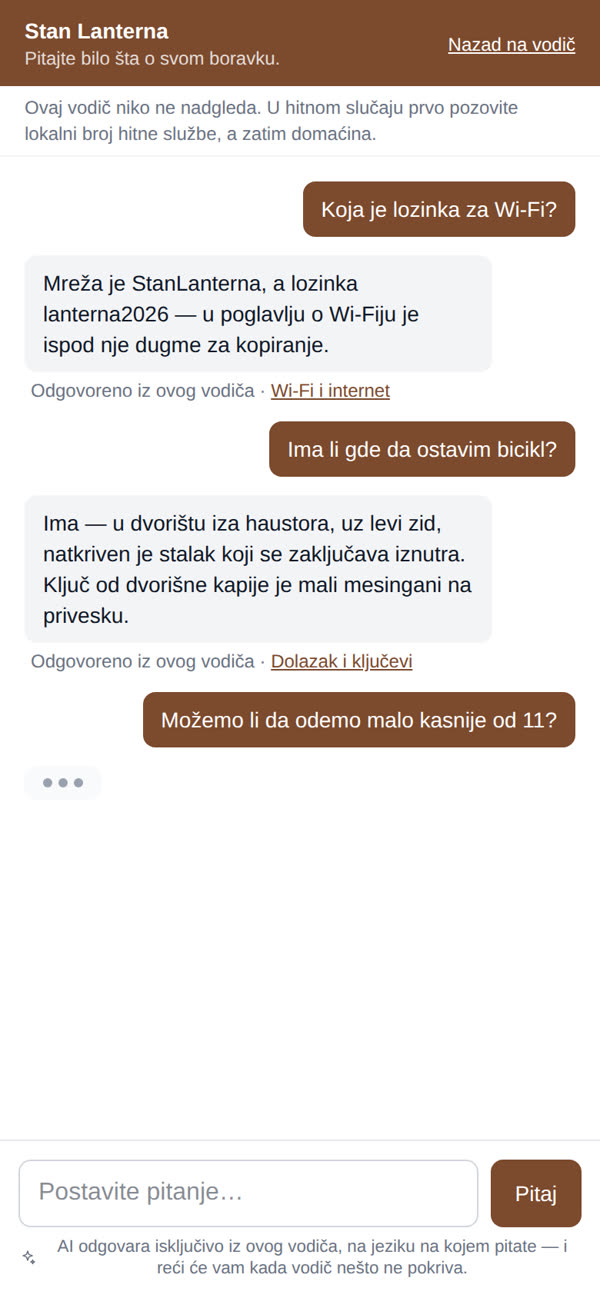 Polje za pitanja primera vodiča otvoreno na odgovoru, sa poglavljem iz kog je odgovor došao navedenim ispod