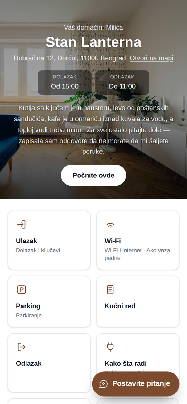 Naslovna strana primera vodiča: fotografija, domaćinova dobrodošlica, vreme dolaska i odlaska i pločice sa poglavljima